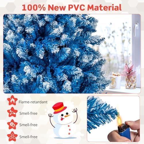HAPPYGRILL 7 FT Pre-lit Christmas Tree Blue Hinged Artificial Xmas Tree with 340 Warm White LED Lights, 8 Modes, 1062 Frosted Branch Tips, Folding Metal Base, for Home Party Holiday