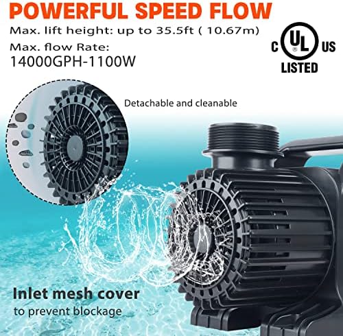 WaterRebirth 850W 12000 GPH Pond Pump, Ultra Quiet Heavy Duty Submersible Water Pump for Koi Ponds, Fountains, Aquariums & Waterfalls, 20.3 ft Power Cord, UL Listed