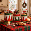 3-Piece Christmas Metal Drum Buckets Set - Festive Ice Bucket & Storage for Small Plants/Ornaments/Candies, Round Decorative Pails for Party Table Centerpieces & Home Mantel Display
