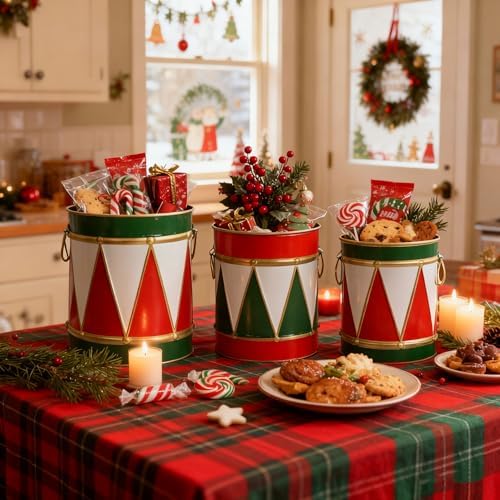 3-Piece Christmas Metal Drum Buckets Set - Festive Ice Bucket & Storage for Small Plants/Ornaments/Candies, Round Decorative Pails for Party Table Centerpieces & Home Mantel Display