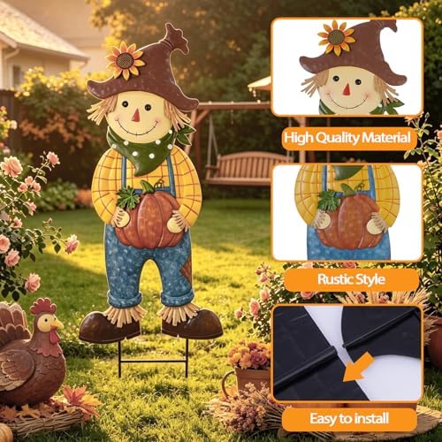 BRIGHTDECK Outdoor Fall Scarecrow Metal Stakes Decorations Yard Sign, Large