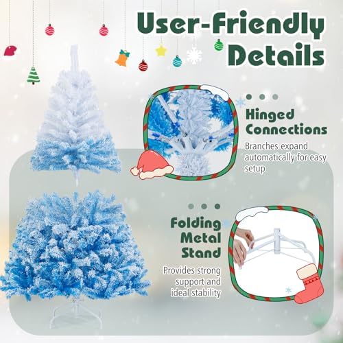 HAPPYGRILL 5 FT Pre-lit Flocked Christmas Tree Blue Hinged Xmas Tree with 456 Branch Tips, 180 Warm White LED Lights & Folding Metal Stand, for Home Office Carnival