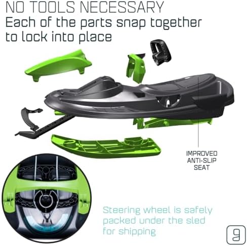 Snow Sled for Kids, Adults - Toboggan Sled, Easy Turning Steering Wheel, Anti-Slip Seat, Pull Up Brake, Durable Plastic Sled, Lightweight, Snow Sleds, Age 3+ 260 lbs