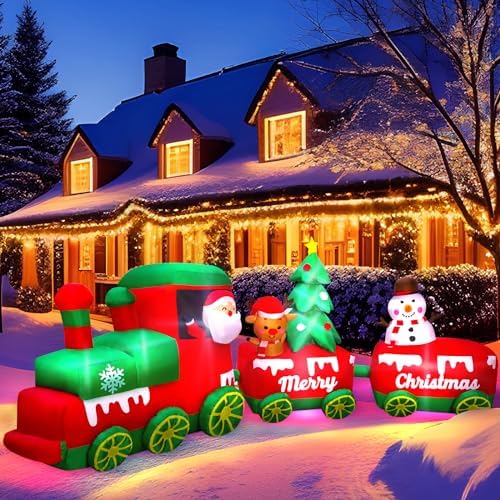 10.7 FT Christmas Inflatables Train with Santa Claus Reindeer Snowman Christmas Tress Built-in LED Lights Blow Up Christmas Decor for Christmas Party Holiday Outdoor Garden Lawn Yard Decorations