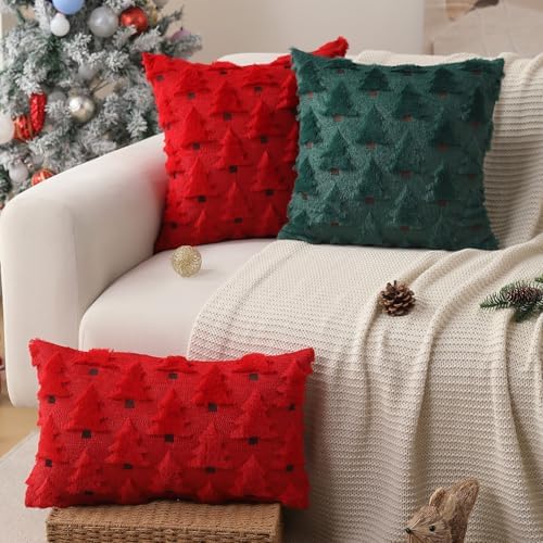 Allorry Christmas Pillow Covers 12x20 inch Set of 2 Christmas Decorations Soft Plush Faux Fur Wool Red Christmas Tree Throw Pillow Cases Winter Holiday Decor for Sofa Living Room PT002B12