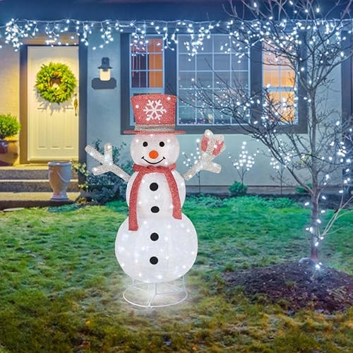 Outdoor Snowman Lighted, Pop-Up Snowman Outdoor Yard Holiday Decorations Prelit 100 Lights, Collapsible Lighted Snowmen Wear Scarf and Hold Light Up Gift Box for Pink Christmas Décor-Pink