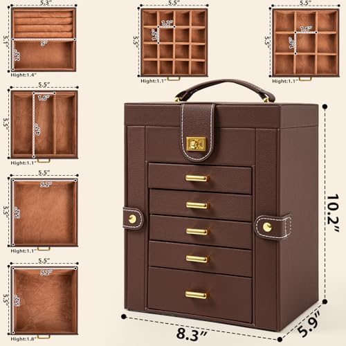 AKOZLIN 6-Tier Jewelry Box Organizer 5 Drawers Storage Brown Regular