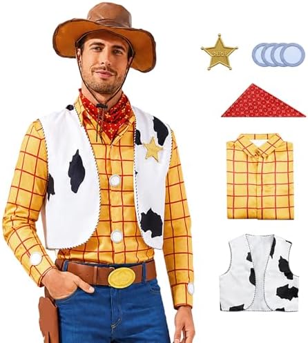 Cowboy Sheriff Costume Men's Plaid Button Down Shirt with Vest Bandana Star Badge Halloween Sheriff Cosplay Outfits