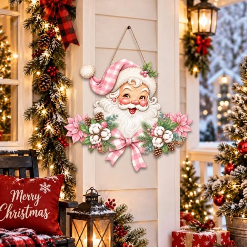 Christmas Decorations Pink Vintage Santa Hanging Wooden Sign for Front Door