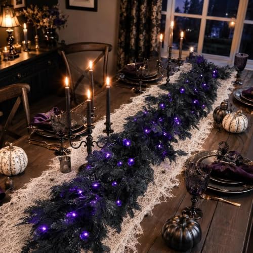 Pre-Lit Halloween Garland 9FT Decorations Black Real Touch Cedar Cypress Pine Plant Artificial Halloween Garland with Lights for Mantle, Fireplace, Table, Stairs, Door, Indoor Outdoor Decorations