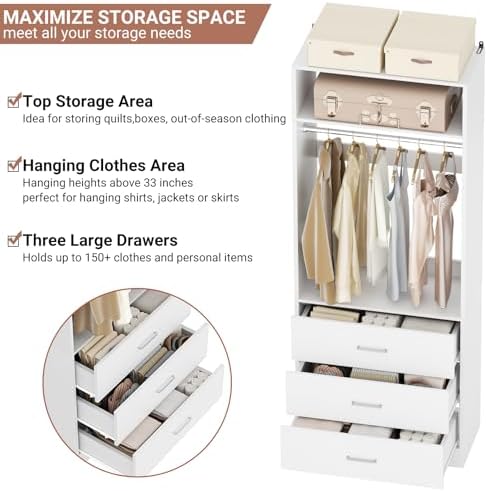 Besiost Freestanding Closet System with 3 Drawers, Wood Closet Organizer