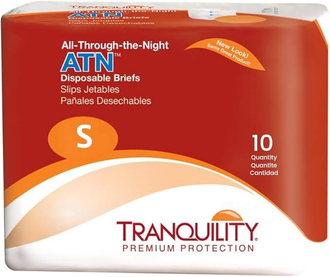 Tranquility Premium ATN Disposable Briefs with Tabs, Overnight Protection Superabsorbent Core for Leak-Free and Full-Fit Comfort, Small 10ct Bag