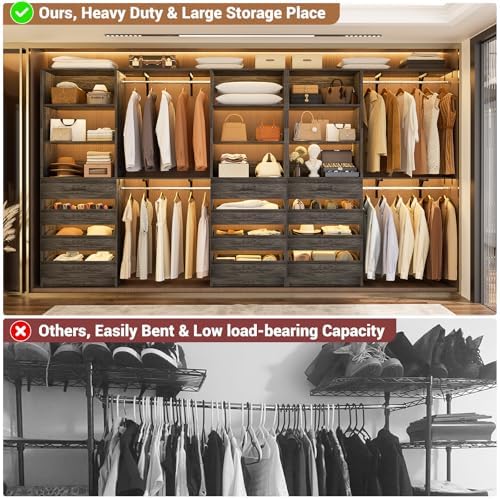 Aheaplus Closet System, 138.5" Closet Organizer with 12 Drawers & 4 Rods