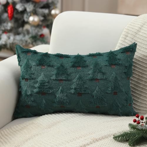 Allorry Christmas Pillow Covers 12x20 inch Set of 2 Christmas Decorations Soft Plush Faux Fur Wool Green Christmas Tree Throw Pillow Cases Winter Holiday Decor for Sofa Living Room PT-002A12