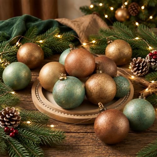 Yunlly 12 Pcs Neutral Christmas Ornament, Brown Copper Sage Green, 4''