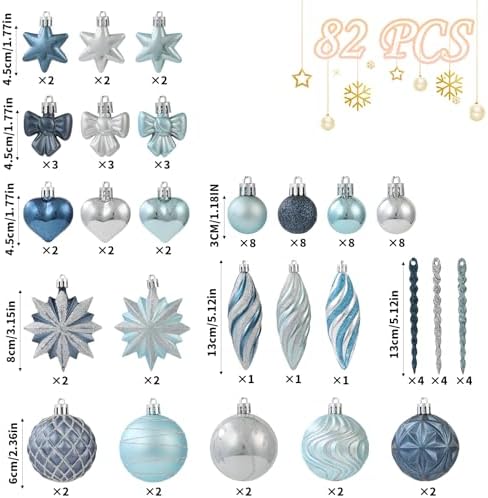 82Pcs Blue and Silver Christmas Ornaments Set, Shatterproof Christmas Decorations for Tree Assorted Plastic Craft Baubles Snowflake Ball Ornaments for Holiday Xmas Party Decor (Blue & Silver)