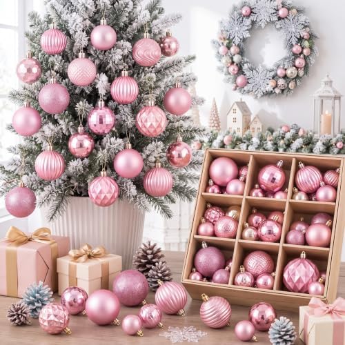 Lunmon 64 Pieces Pink Christmas Ball Ornaments Shiny Pink Xmas Bulbs