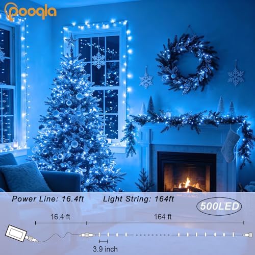 Pooqla 500 LED String Lights Indoor Outdoor, 164 ft Blue Christmas Lights Plug in with Timer, Connectable 8 Modes Waterproof Clear Wire Twinkle Fairy Lights for Bedroom Party Classroom Decor