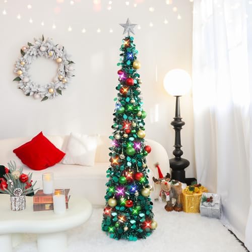 N&T NIETING Pop Up Christmas Tree with Lights & Ornaments,5FT, Peacock Blue