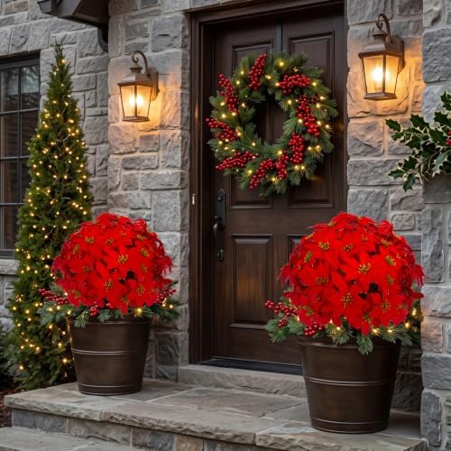 Daynight 2Pcs Artificial Poinsettia Plants with Stakes Outdoor, 24 Inch Red