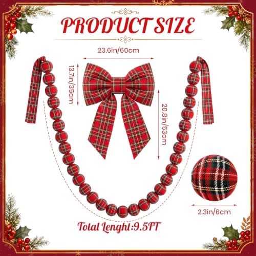 Riceshoot Christmas Tartan Plaid Ball Garland with Bow, Tree Decoration Set