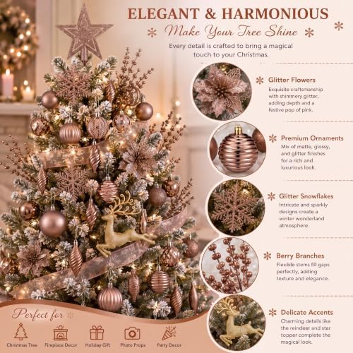 CroBlissful 118 Pcs Christmas Tree Ornaments Set Including Ornaments Balls, Hanging Snowflakes Icicle, Mesh Ribbon, Tree Top Star, Flower, Berries Stems for Xmas Trees Holiday Decor(Brown)