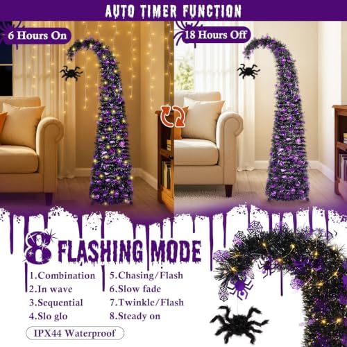 5FT Curved Halloween Pop Up Christmas Tree with Spider Pendant and Lights