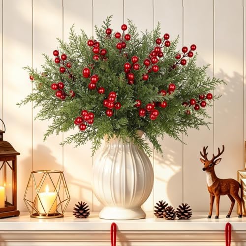 6 Bundles Artificial Christmas Flowers, Norfolk Pine Stems with Red Berries