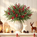 6 Bundles Artificial Christmas Flowers, Norfolk Pine Stems with Red Berries