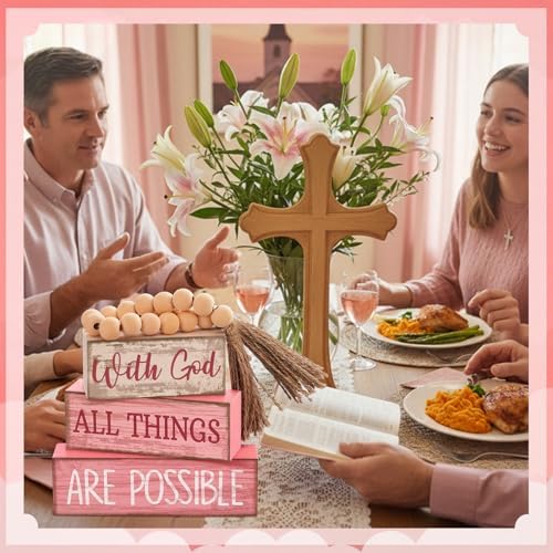 Lineshading 4 Pcs Christian Table Decor Pink God All Things are Possible
