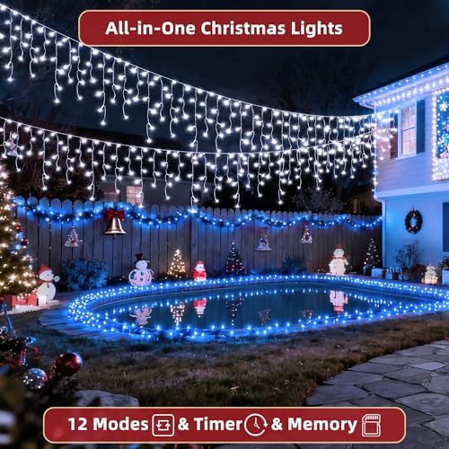 612 LED 60ft Christmas Lights with 136 Drops, 12 Lighting Modes Cool White Christmas Decoration Twinkling Lights Dimmable, Timer Outdoor Waterproof Fairy Lights for Indoor Garden House Eaves Roof