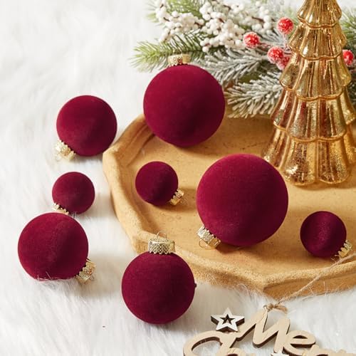 Burgundy Velvet Christmas Ball Ornaments-46pcs Shatterproof Tree Decoration