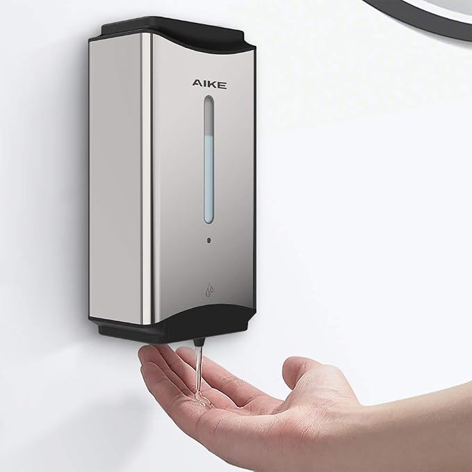 AIKE Heavy Duty Automatic Soap Dispenser,37oz for Bathroom,Polished Steel | 5-Level and Savety Key for Commercial(4*AA Batteries Not Included),Screw Wall Mount for Space-Saving,Stainless Steel AK1206