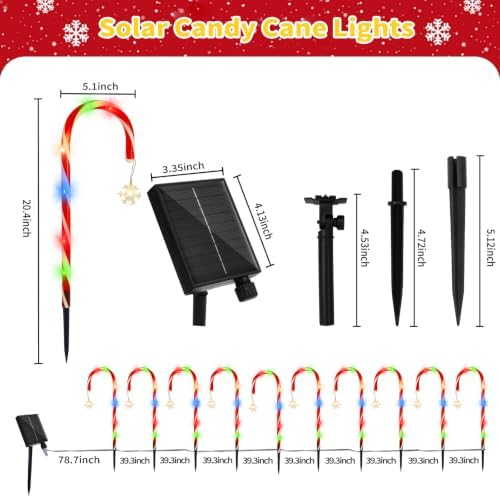 10 Pack Solar Candy Cane Pathway Lights, Multicolor Christmas Yard Decor