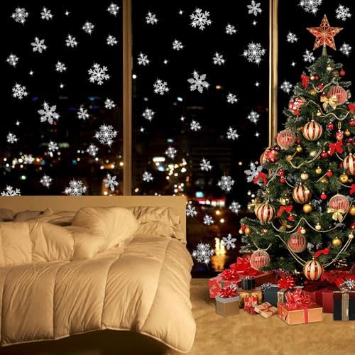 LUDILO 240Pcs Christmas Window Clings Glitter Snowflakes Window Decals