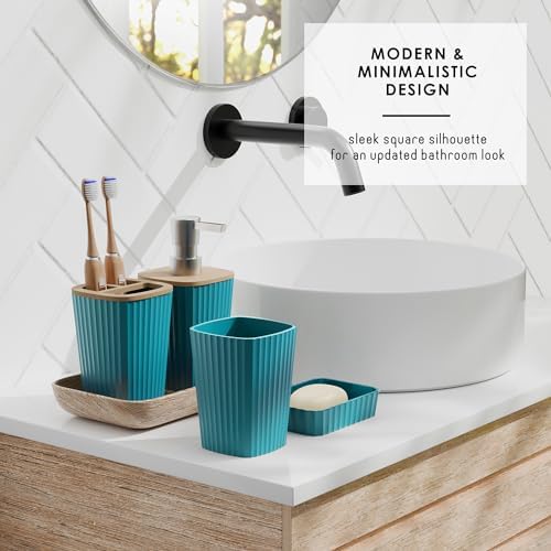 Clara Clark Bathroom Set - Teal Bathroom Accessories Set, 6PC Bathroom Accessory Set, Bathroom Sets with Adhesive Corner Shower Caddy Hanging, Toilet Brush, Trash Can & Soap Dispenser