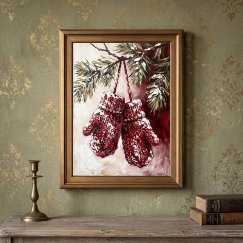 Framed Canvas Wall Art Painterly Winter Mittens on Pine Branch Red and White Snow Texture Canvas Print Poster Gold Frame Wall Decor for Living Room Winter Season, Holiday Art - Inch 16x20