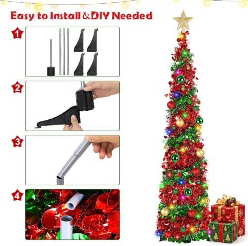 N&T NIETING Pop Up Christmas Tree with Lights & 30 Balls, 5Ft Collapsible Tinsel Tree Decorations for Holiday Home Office Decor, Red & Green