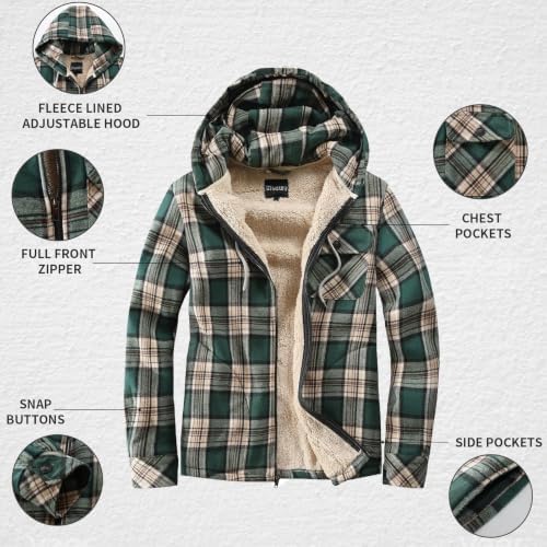 Elesuit Men's Full Zip Fleece Flannel Jacket Shirt Plaid Cotton Hoodie Coat