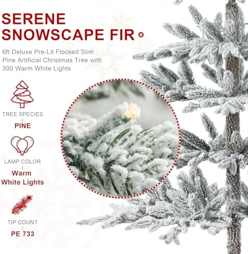 Glitzhome Prelit Christmas Tree, 6ft Flocked Artificial Christmas Tree Serene Snowscape Fir with 300 Warm White Lights for Home, Office, Party Decoration, Metal Hinges & Base, Easy Assembly