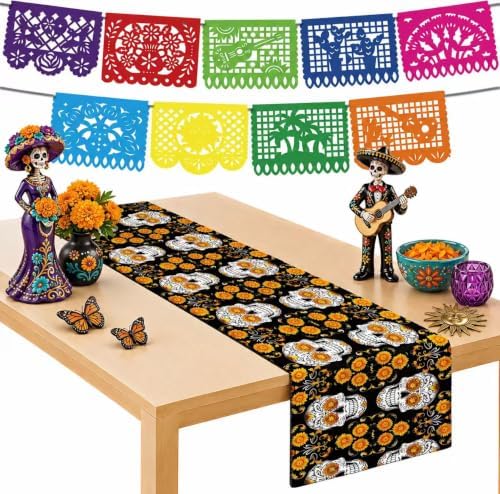 Dia De Los Muertos Decorations - Sugar Skull Table Runner with Banner