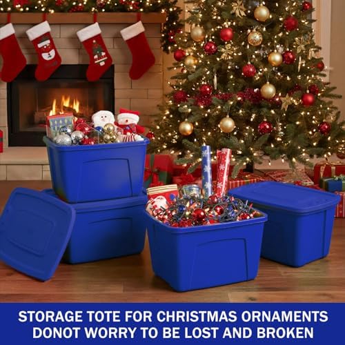 SIMPLYKLEEN Storage Bins with Lids - Made in USA 18-Gallon (72-Quart) 4-Pack Storage Totes with Lids, Plastic Stackable Containers Large Storage Boxes for Home and Office Organization Blue/Blue