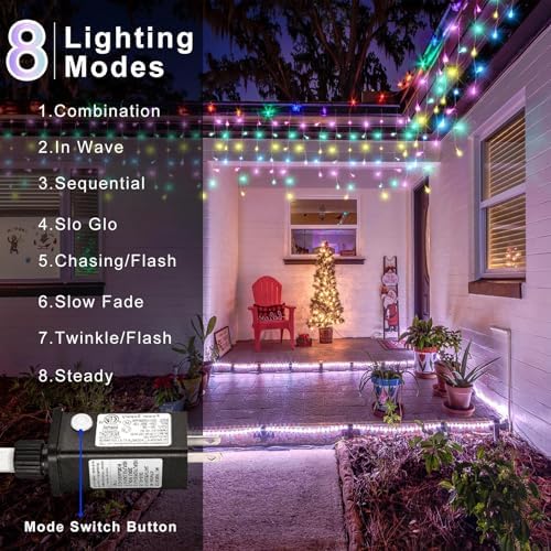 99ft 1216 LED Pastel Multicolor Christmas Lights Outdoor Icicle Lights for Outside, Clear Wire Twinkle Lights with 8 Modes 228 Drops Timer Waterproof for House Window Party Holiday Patio Yard Decor