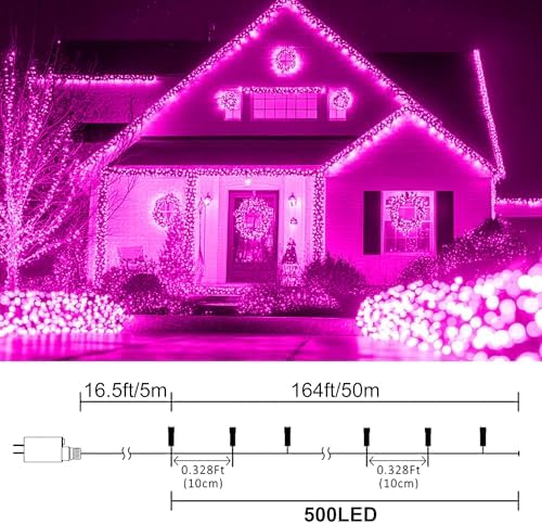 164 FT 500 LED Pink String Lights, Plug in Fairy Lights with 8 Modes, Waterproof Twinkle Light for Bedroom, Christmas Tree, Valentine's Day, Wedding Party, Halloween Decor