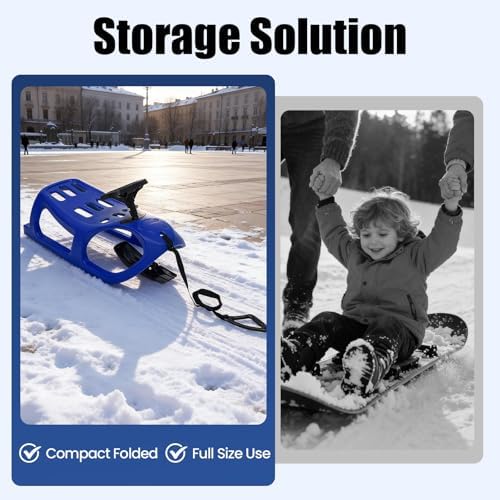Snow Sled with Steering Wheel for Kids - Durable Blow Molded PE & Iron Winter Sleigh with Pull Rope, Single Rider for Outdoor Snow Fun, Blue Children's Sled