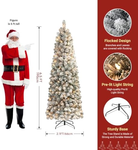 SHareconn 6.5ft Prelit Snow Flocked Artificial Slim Pencil Christmas Tree