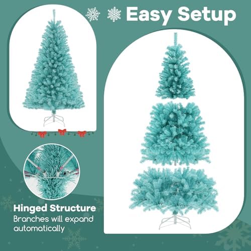 HAPPYGRILL 6 FT Pre-lit Artificial Christmas Tree Blue Hinged Xmas Tree with 758 Branch Tips, 280 Warm White LED Lights & Folding Metal Stand, Pre-Lit Holiday Decoration Tree for Home Office