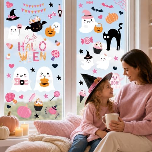 Pink Halloween Window Clings Stickers Decor for Kids Cute Decal Decorations