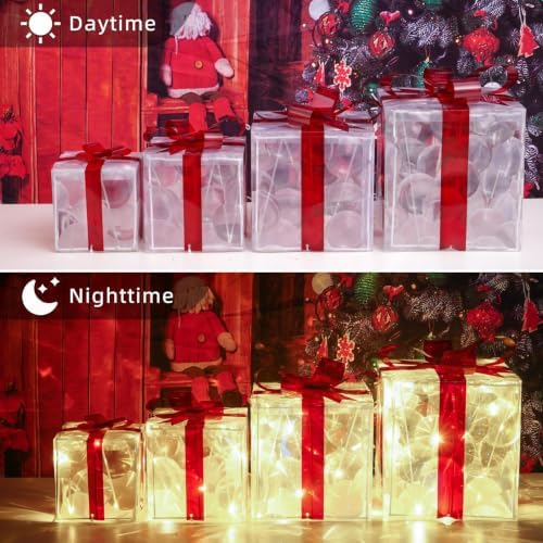 Set of 4 Christmas Lighted Gift Boxes, Red Bow Holiday Present Decorations