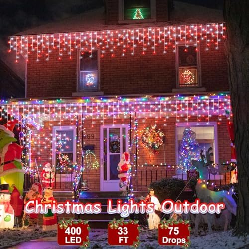 33ft Red and White Icicle Lights for Outside, 400 LED Christmas Lights